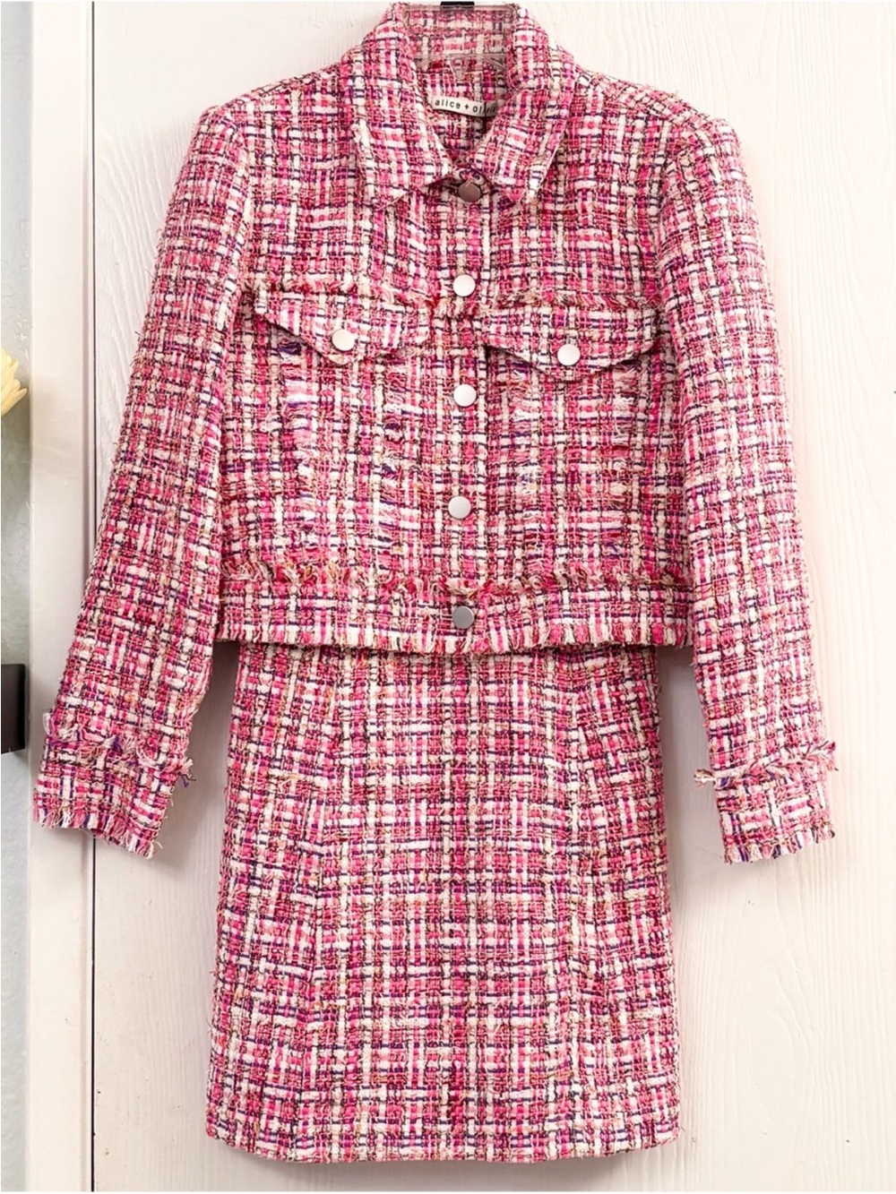 Alice + Olivia Pink Plaid Tweed Carli Spaghetti Strappy Dress 2 Cropped Jacket S